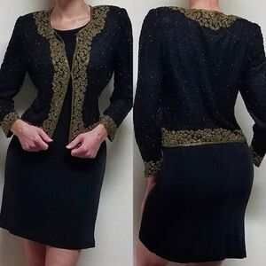 VINTAGE Laurence Kazar Black Gold Beaded Silk Short Evening Jacket Bolero Jacket